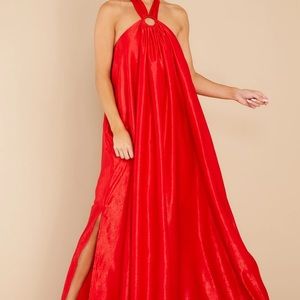 Red silk-like maxi dress